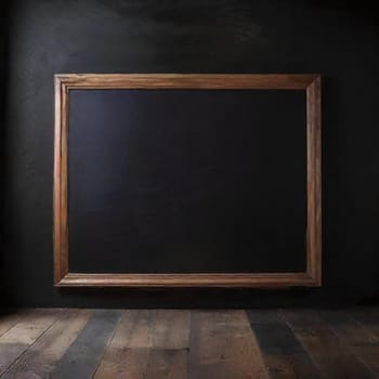 A wooden-framed chalkboard is mounted against a dark wall, illuminating the craftsmanship of the frame and the texture of the flooring below, creating a rustic ambiance.
