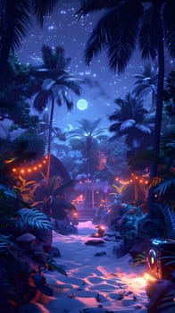 Serene tropical beach at night, decorated with string lights and moonlit palms