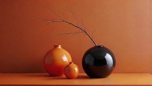 Three vases in varying sizes, one black and two orange, rest on a wooden surface against a warm orange backdrop, with a slender branch placed in the largest vase.