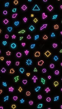A colorful array of neon geometric shapes fills the black background. Diverse symbols like hearts, diamonds, and arrows create a lively and engaging visual display that captures attention.