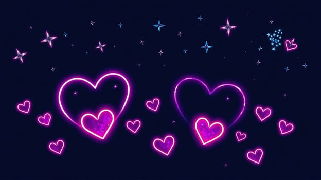Bright neon hearts in various sizes glow against a dark backdrop, surrounded by shimmering stars, creating a whimsical and romantic ambiance perfect for celebrations or love-themed events.