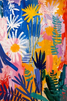 Vibrant abstract painting of tropical foliage and flowers in a colorful design