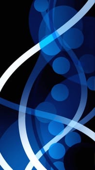 A vibrant abstract design featuring dynamic blue circles and smooth white lines against a dark background, creating a modern and energetic visual effect.