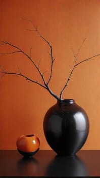 A large black vase containing bare branches stands beside a smaller orange vase, all set against a warm orange background, creating a striking and minimalist decorative display.