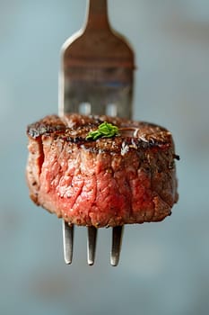 A closeup of a succulent steak on a fork, a delicious dish made with highquality beef, a key ingredient for many savory recipes in various cuisines