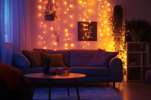 Traditional festive interior of the apartment. Evening light from garlands. High quality photo