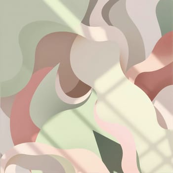 Soft pastel colors create a calming atmosphere with flowing shapes intertwining. Gentle shadows are cast, adding depth and interest to this abstract design.