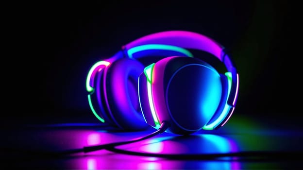 A pair of illuminated headphones with vibrant colors is placed on a dark surface, creating a striking contrast that enhances their modern design and appeal during nighttime.