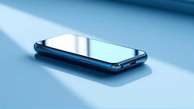 A modern smartphone lies on a polished blue surface, reflecting sunlight through a nearby window. The design is minimalistic and the light creates interesting shadows around it.