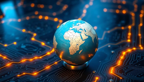 The image showcases a miniature globe, intricately detailed with the continents of the world, perched atop a gleaming, metallic base. Surrounding the globe is a vibrant, futuristic circuit board, aglow with warm, pulsating lights that highlight the complex network of pathways, creating a sense of global connectivity and technological marvel.