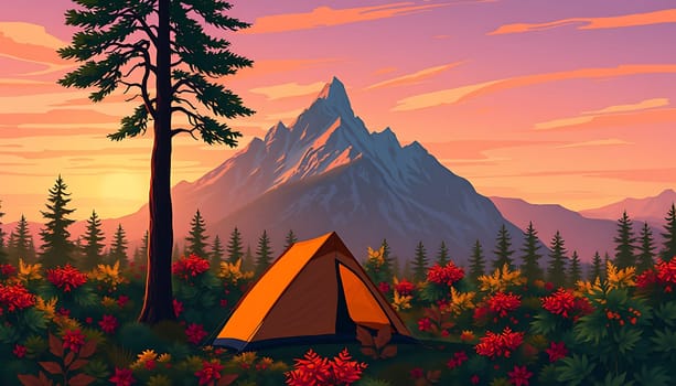 This enchanting illustration captures a serene camping scene nestled in a vibrant forest during sunset. A majestic mountain range, bathed in warm hues, stands tall behind a cozy tent surrounded by an array of colorful wildflowers and tall pine trees, evoking a sense of tranquility and adventure in nature's embrace.