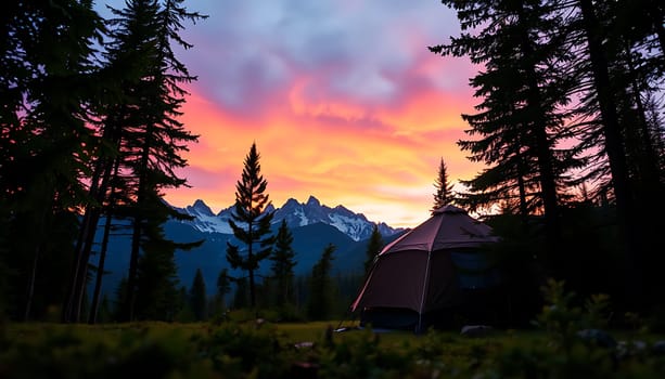 Nestled in a dense forest, a solitary tent stands against a backdrop of majestic, snow-capped mountains. The sky, painted with hues of pink and orange, casts a warm glow over the scene, enhancing the serene and tranquil atmosphere of the campsite.