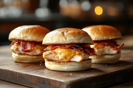Three juicy tasty hamburgers lie on a wooden table in a bar or cafe. High quality photo