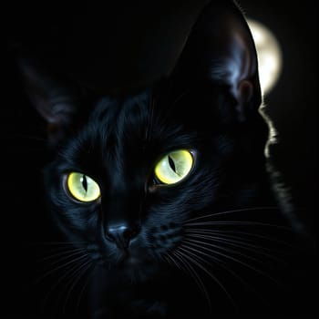 The black cat sits quietly, its bright yellow eyes shining against the dark backdrop. A soft moonlight highlights its sleek fur as it observes the surroundings.