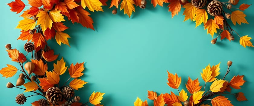 The image showcases a vibrant arrangement of autumn leaves and pine cones, artfully arranged in a circular pattern against a calming teal background. The warm hues of yellow, orange, and red leaves contrast beautifully with the earthy tones of the pine cones, evoking a sense of cozy autumnal warmth and tranquility.