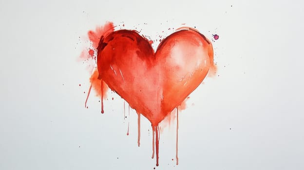 Heart drawn with red paint, splashes and drops of red paint on paper. High quality photo