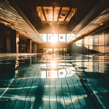 An architectural masterpiece with symmetrical patterns, wooden flooring, and natural light bathing a spacious indoor swimming pool in the heart of the city