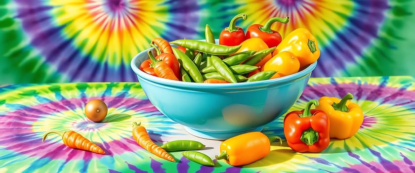 In this vibrant composition, a blue bowl overflowing with fresh green beans, tomatoes, and peppers takes center stage. The colorful vegetables are artfully arranged atop a tie-dyed backdrop, creating a lively, whimsical atmosphere that celebrates the beauty and diversity of nature's bounty. Scattered around the bowl are individual carrots and peppers, adding to the scene's dynamic and festive charm.