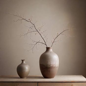 Two ceramic vases in neutral tones sit on a wooden table. One larger vase features branches with tiny buds, creating a serene and minimalist atmosphere.
