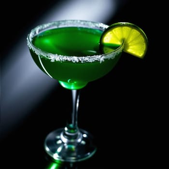 A vibrant green cocktail in a crystal glass, garnished with a fresh lime slice. The drink is served on a dark reflective surface, enhancing its striking color and presentation.
