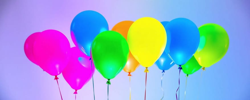 A collection of brightly colored balloons including pink, blue, green, yellow, and orange is floating against a vivid background. The cheerful arrangement invokes a festive atmosphere.