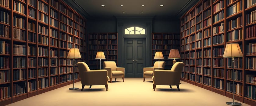 The image depicts a serene and inviting library, characterized by towering bookshelves filled to the brim with an array of colorful books. Soft, warm light emanates from elegant floor lamps, casting gentle shadows across plush armchairs arranged thoughtfully for peaceful reflection and reading. The ambiance exudes a sense of tranquility and intellectual pursuit, making it an ideal sanctuary for those seeking quiet contemplation amidst a sea of literature.