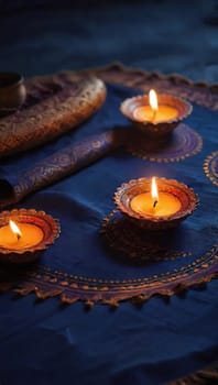 Three oil lamps are lit and placed on a vibrant blue cloth adorned with intricate patterns, creating a warm ambiance during a festive celebration.