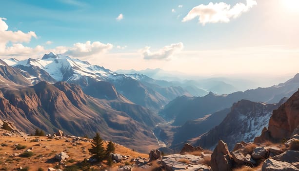 The image captures a breathtaking panorama of a rugged mountain range under a clear blue sky. The scene showcases jagged peaks with patches of snow, contrasting with the warm, earthy tones of the lower slopes, creating a serene yet majestic atmosphere that invokes a sense of adventure and tranquility.