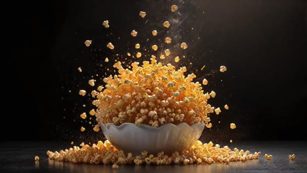 Popcorn overflows from a white bowl, creating a cloud of yellow kernels in mid-air. The backdrop is dark, enhancing the celebratory atmosphere typical of a fun evening at home.
