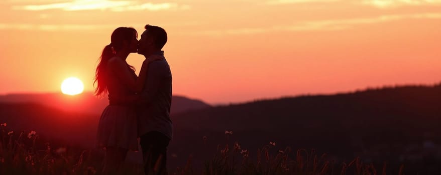 A couple stands silhouetted against the vibrant sunset, sharing a tender kiss. The soft glow of the sun illuminates the horizon, creating a romantic atmosphere in the outdoor landscape.