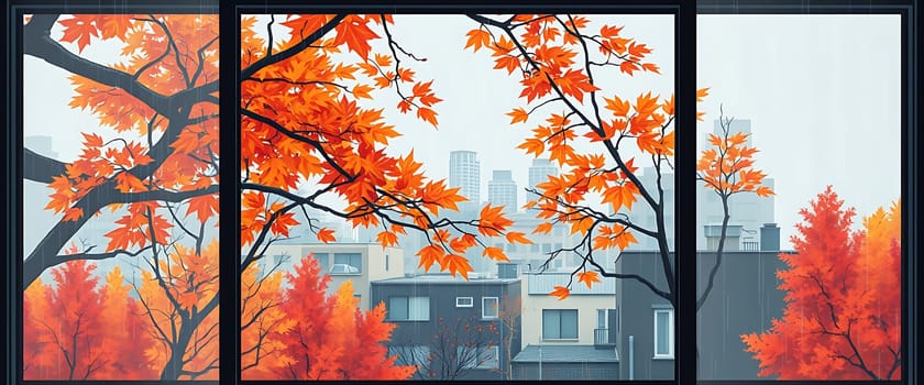 The image presents a picturesque view of an urban landscape captured through a large window. Vibrant autumn foliage, adorned in fiery hues of orange and red, frames the scene, contrasting beautifully with the muted tones of the cityscape beyond. The serene atmosphere evokes a sense of tranquility, as the changing leaves hint at the season's crisp and refreshing air.