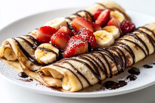 Hot appetizing pancakes on a plate, decorated with chocolate and slices of strawberry and banana. High quality photo