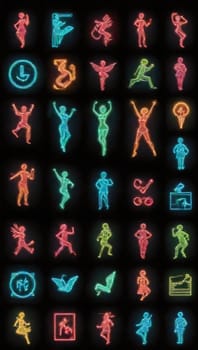 A collection of colorful neon silhouettes showcases diverse sports and activities, each in a unique pose against a dark background. This vibrant display highlights dynamic movement and athleticism.