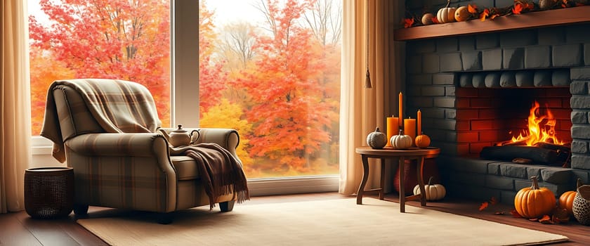 The image captures a cozy living room bathed in the warm hues of autumn. A plush armchair, draped with a soft blanket, invites relaxation by a crackling fireplace that casts dancing shadows around the room. Outside the large window, vibrant fall foliage paints a picturesque backdrop, enhancing the serene and inviting atmosphere.