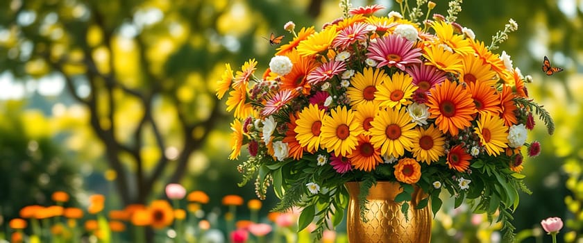 This vibrant bouquet, housed in an ornate golden vase, bursts with a myriad of bright flowers including radiant yellows, fiery oranges, and soft pinks. Set against a lush garden backdrop, the arrangement exudes a sense of warmth and joy, accentuated by the delicate flutter of butterflies that add a touch of whimsy and natural beauty to the scene.