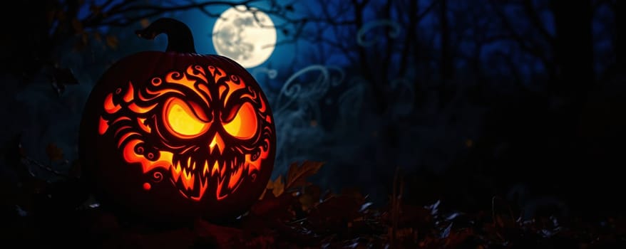 A creatively carved pumpkin featuring a menacing face glows brightly in the darkness. Surrounded by autumn leaves, it stands out against a backdrop of a blue moonlit sky and eerie shadows.