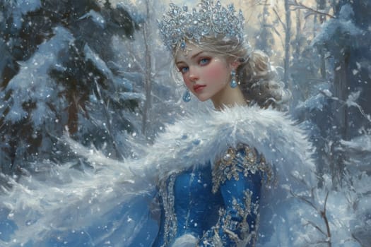 Portrait of a very beautiful woman in a winter forest, a fairy or mistress of the forest walks around her domain. High quality photo