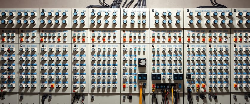 The image showcases an intricate array of electrical control panels, each adorned with rows of switches and dials, exuding a sense of organized complexity. The stark contrast between the metallic sheen of the panels and the vibrant hues of the switches creates a visually striking symphony of technology and color, evoking a feeling of awe at the precision and sophistication of modern engineering.