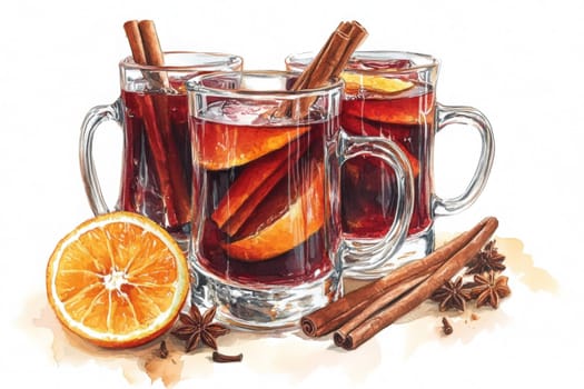 Image of three glasses of mulled wine on a light background. High quality photo
