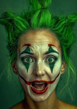 Woman transforms into a scary joker for halloween with green hair and dramatic makeup, embodying the iconic character with a colorful, vivid expression, showcasing her fun approach to the holiday