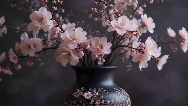 A stunning arrangement of soft pink blossoms fills a dark ceramic vase. The flowers showcase intricate details and delicate petals, creating a serene and beautiful centerpiece.