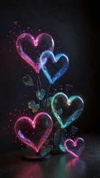 Brightly colored heart-shaped balloons rise gracefully against a dark backdrop, creating a whimsical atmosphere. The balloons emit a soft glow, enhancing the enchanting night scene.