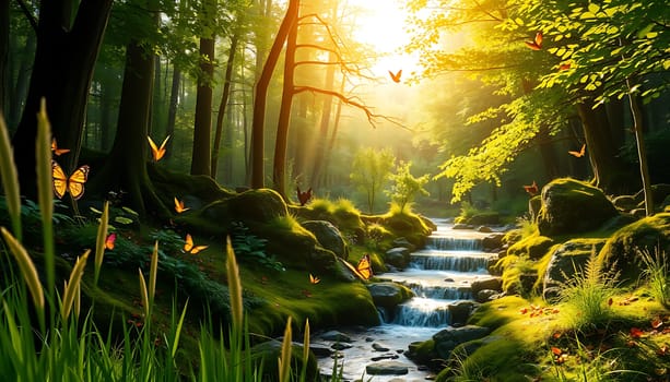 The image captures a serene forest scene bathed in the golden light of what appears to be either dawn or dusk. A small waterfall cascades gently over moss-covered rocks, creating a sense of tranquility. Fluttering butterflies add a touch of vibrant color and life, enhancing the magical and ethereal atmosphere of this enchanted woodland.