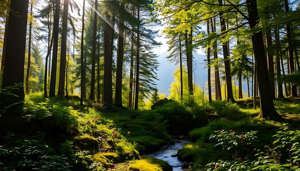 The image captures a serene and sunlit forest scene, where tall, verdant conifers stand majestically along a winding stream. Dappled sunlight filters through the dense canopy, casting dazzling rays and shadows that dance across the mossy undergrowth, evoking a sense of tranquility and connection with nature.