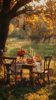 A very beautifully set table in nature, in a cozy autumn garden. High quality photo