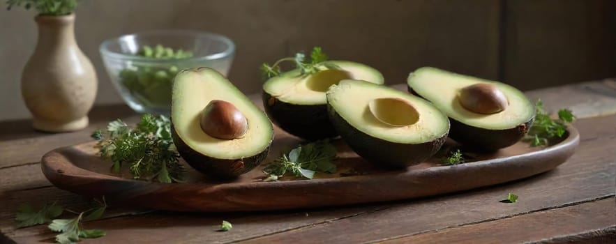 Halved avocados sit on a rustic wooden platter, showcasing their creamy texture and appealing seeds. Fresh herbs and a bowl of chopped greens complement the vibrant display.