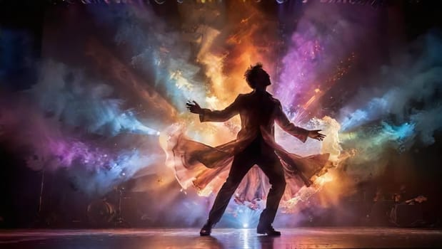 A skilled dancer captivates the audience with a mesmerizing performance, surrounded by a burst of colorful lights and smoke that enhance the dynamic atmosphere of the event.
