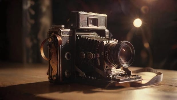 A classic vintage camera rests on a wooden table, surrounded by warm light that highlights its intricate design and texture, capturing a moment of nostalgia.