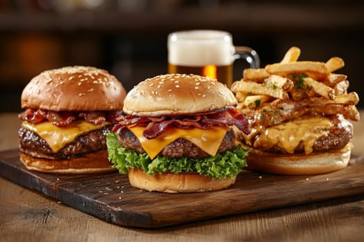 Three juicy tasty hamburgers lie on a wooden table in a bar or cafe. High quality photo