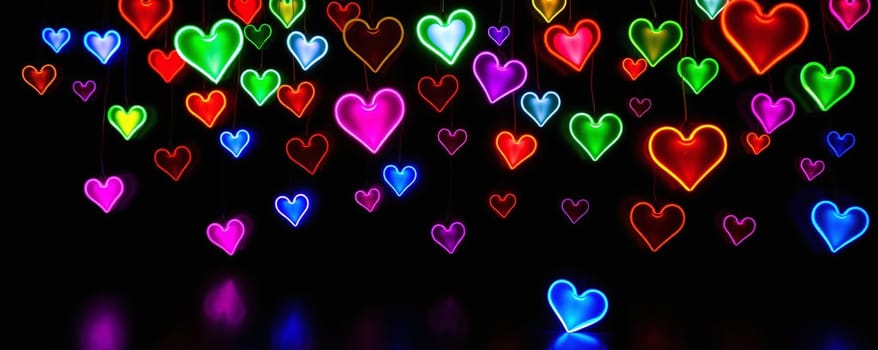 A multitude of vibrant heart-shaped lights in various colors hangs from above, illuminating the dark background, creating a whimsical and romantic atmosphere ideal for special occasions.